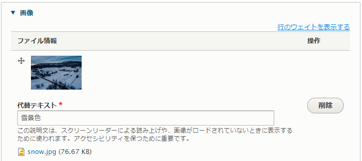 画像フィールドの代替テキストに値をセットした例